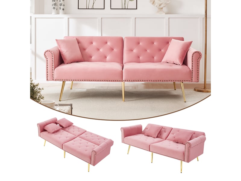 Canapé convertible 2 places en velours rose, dossier réglable sur 3 positions, couchage 147 x 85 cm, pieds métal doré - Conforama C
