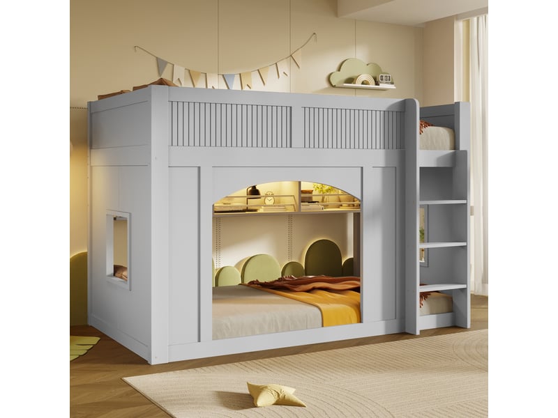  Lit mezzanine enfant 90x200cm style cabane avec bibliothèque, led multicolore, fenêtres et espace de jeu, mdf et pin - gris  - Conforama B