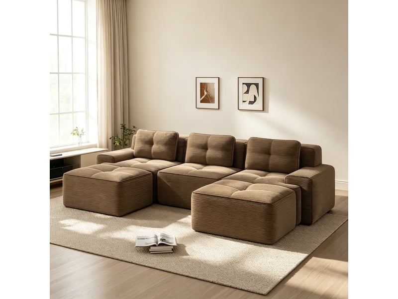  Canapé modulable en u avec ottomane, 3 places en tissu côtelé, aucun assemblage requis, 69 × 293 × 177 cm, marron  - Conforama D