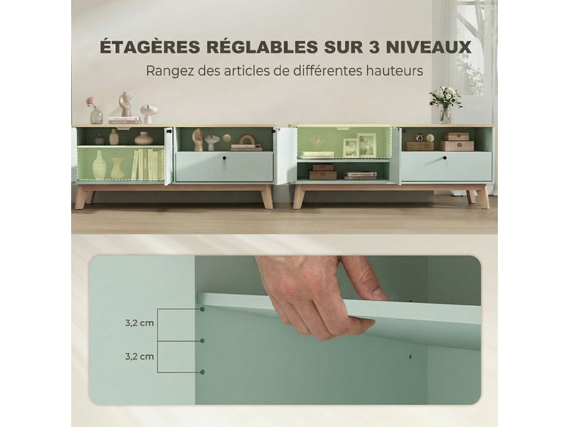  Meuble tv 120 cm, meuble télé pour téléviseur jusqu'à 36 pouces avec 2 portes, tiroir, vert clair, compartiment ouvert  - Conforama E