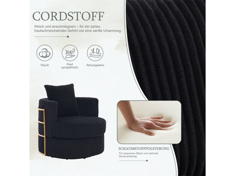  Fauteuil pivotant 360°  76 x 79 x 78 cm – coffre de rangement intégré &amp; coussin inclus –velours côtelé - noir  - Conforama E