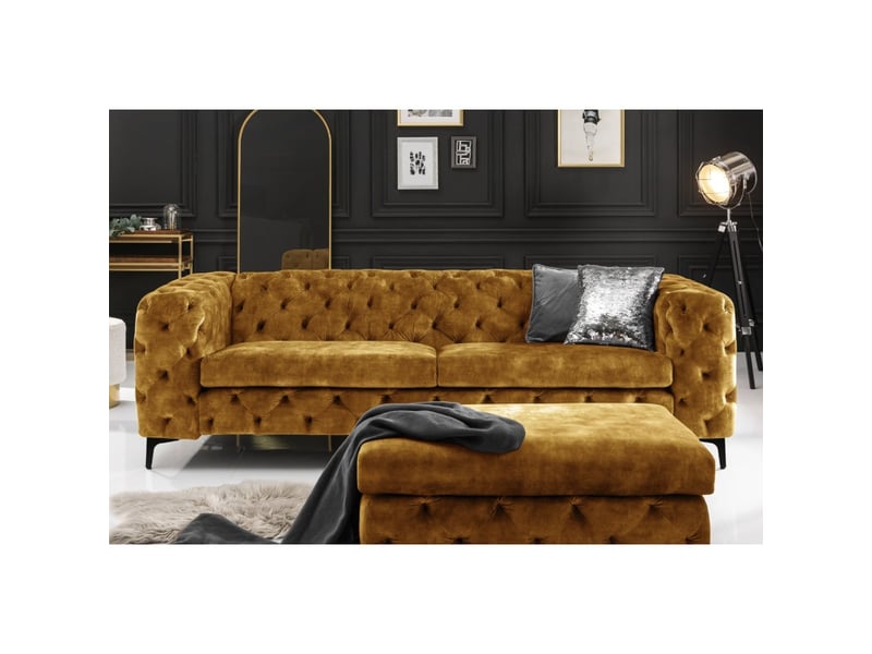  Canapé + pouf velena jaune moutarde capitonné – ensemble baroque en velours avec pieds métal noirs  - Conforama E