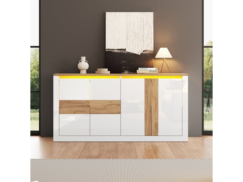 Buffet moderne blanc brillant effet chêne avec 4 portes, led rgb, étagères réglables, mdf 140x35x70 cm - Conforama B