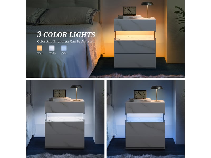  Table de chevet led,48x38x61 cm,3 tiroirs effet marbre,blanc mat  - Conforama D
