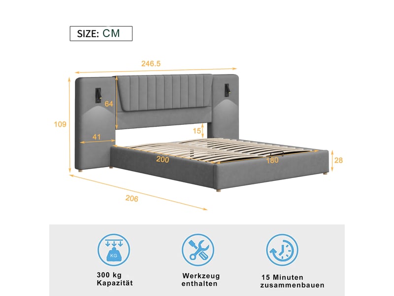  Lit coffre 180x200 cm velours gris avec tête haute, éclairage orientable et port usb, sans matelas  - Conforama C