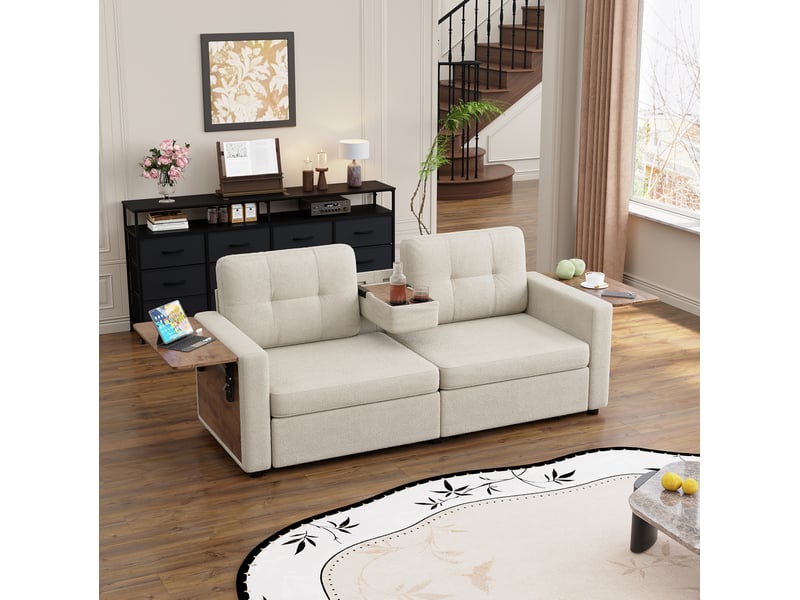 Canapé droit 2 places avec tablettes rabattables pour ordinateur, deux tiroirs et porte-gobelets en chenille beige - Conforama E