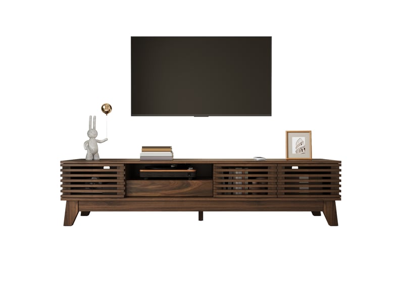  Meuble tv 170x35x40 cm – noyer foncé – 3 portes, tiroir, niches ouvertes et façades rainurées en mdf  - Conforama A