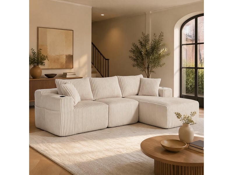  Canapé modulaire 3 places avec méridienne en velours côtelé beige  - Conforama C