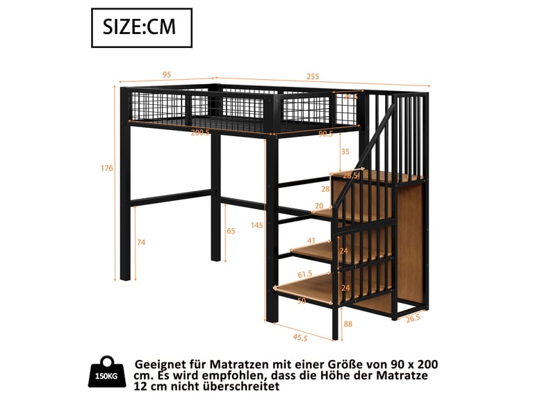  Lit surélevé enfant 90*200 cm noir, échelle sécurisée, structure fer, étagère et penderie intégrée  - Conforama B