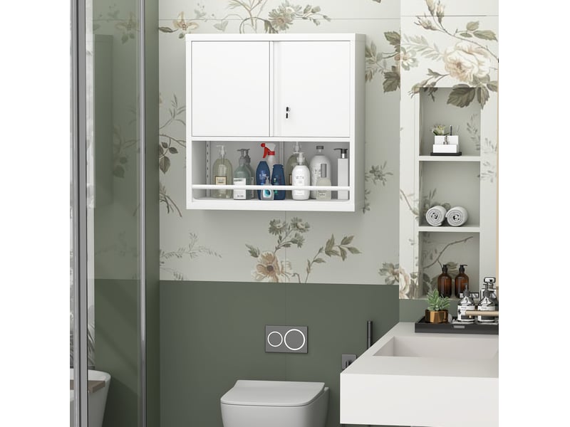  Armoire murale de rangement à 2 portes avec étagères réglables moderne en métal blanc pour cuisine et bureau  - Conforama D
