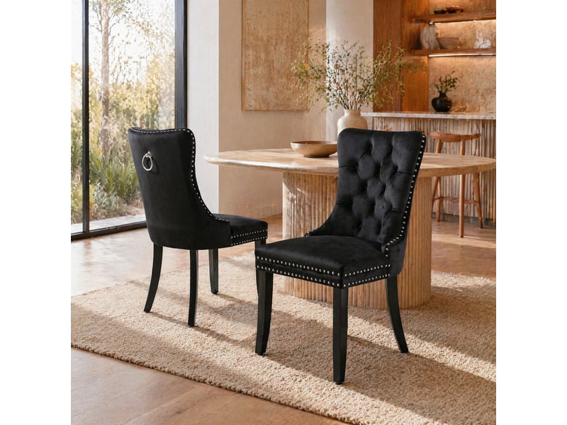  Lot de 2 chaises de salle à manger en velours noir, dossier haut et pieds en bois  - Conforama B