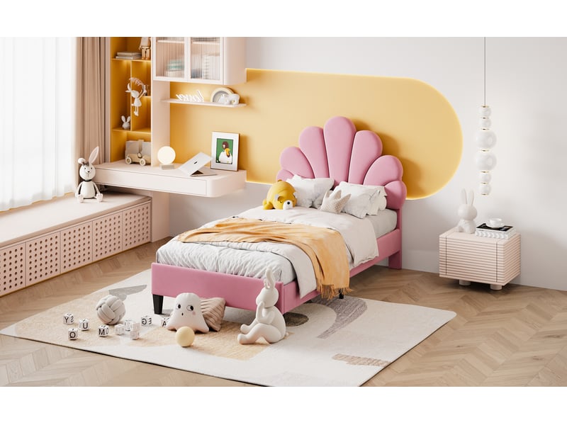  Lit simple 90x200 cm, revêtement en velours, coloris rose, tête de lit rembourrée, tête de lit florale, sommier à lattes inclus, montage facile  - Conforama D