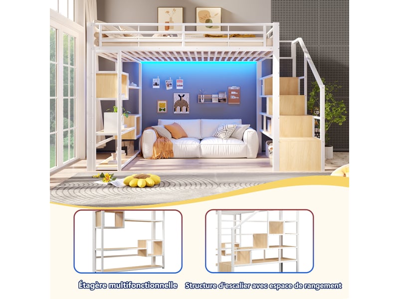  Lit mezzanine, 140 × 200 cm, blanc, métal et mdf, éclairage led, rangements intégrés, échelle avec rangements, sans matelas  - Conforama E