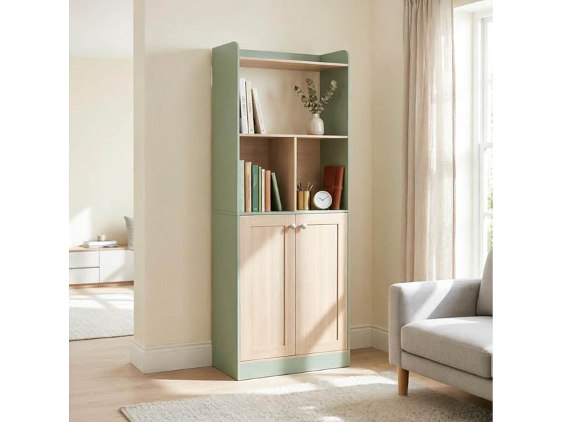  Bibliothèque avec 6 niches et grand placard, surface mélaminée, pour salon, vert et bois, 60 × 30 × 161,2 cm  - Conforama D