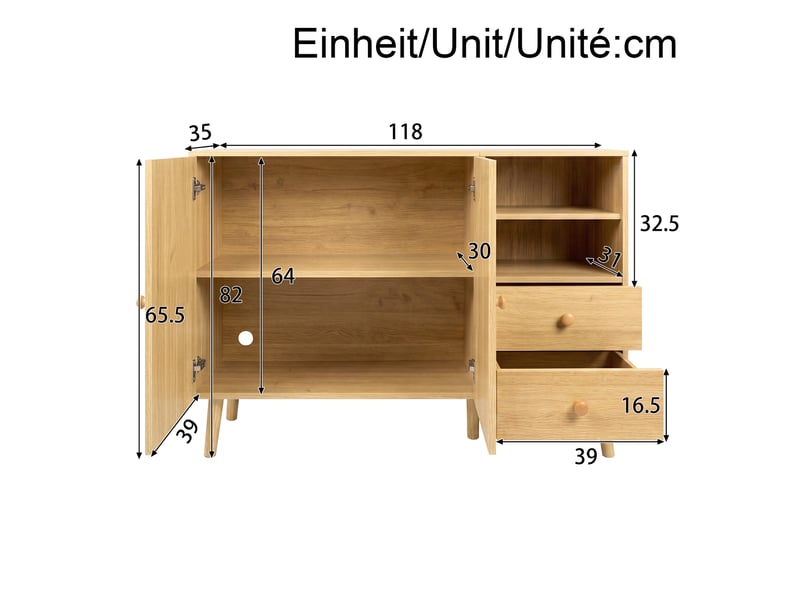  Meuble de rangement 118 x 35 x 82 cm, 2 portes, 2 tiroirs, niches ouvertes, mdf et pb, style naturel  - Conforama C