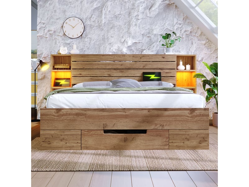  Lit double en métal et bois chêne 160x200 cm  - Conforama E