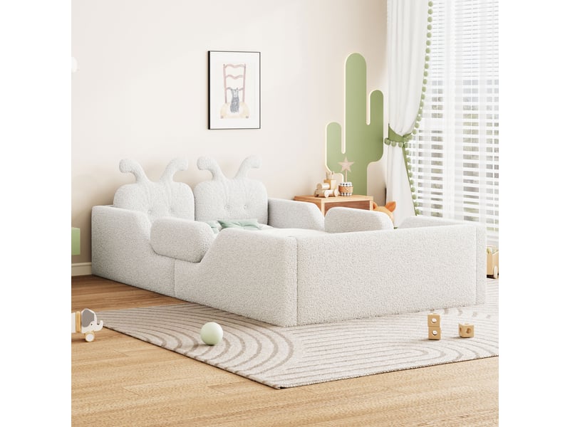  Lit enfant rembourré 90x200cm avec tête de lit oreilles de lapin, barrières de sécurité et cadre capitonné, mdf et contreplaqué - blanc  - Conforama D