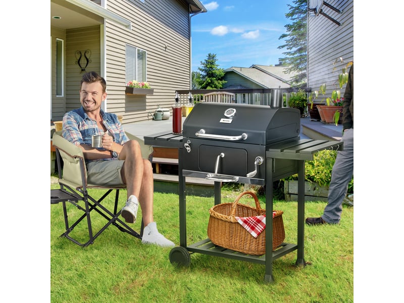  Barbecue fumoir à charbon de bois, avec thermomètre et ouvre-bouteille, 120 x 64 x 114 cm, noir  - Conforama D