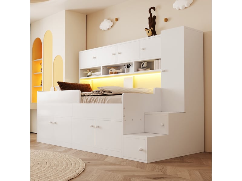  Lit combiné enfant bois 90×200 cm rangement étagères armoire échelle led barrières sécurité blanc  - Conforama D