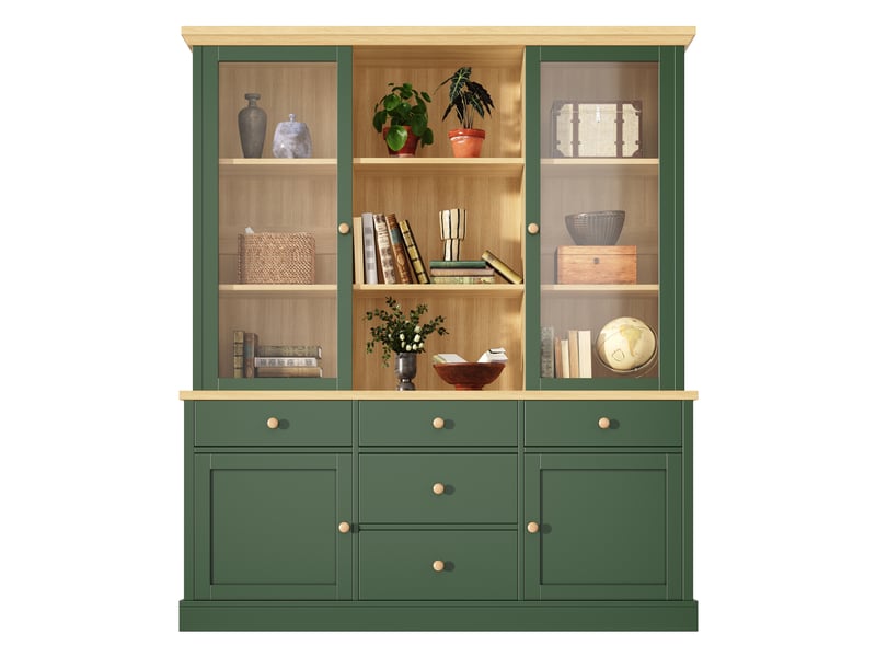  Buffet haut 140x40x185cm avec 5 grands tiroirs, portes vitrées et dispositif anti-basculement, meuble de rangement pour cuisine et salle à manger, vert evarich - Conforama A