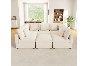 Canapé d'angle modulable 6 places - fonction lit ottoman coffre pochettes - tissu chenille - beige