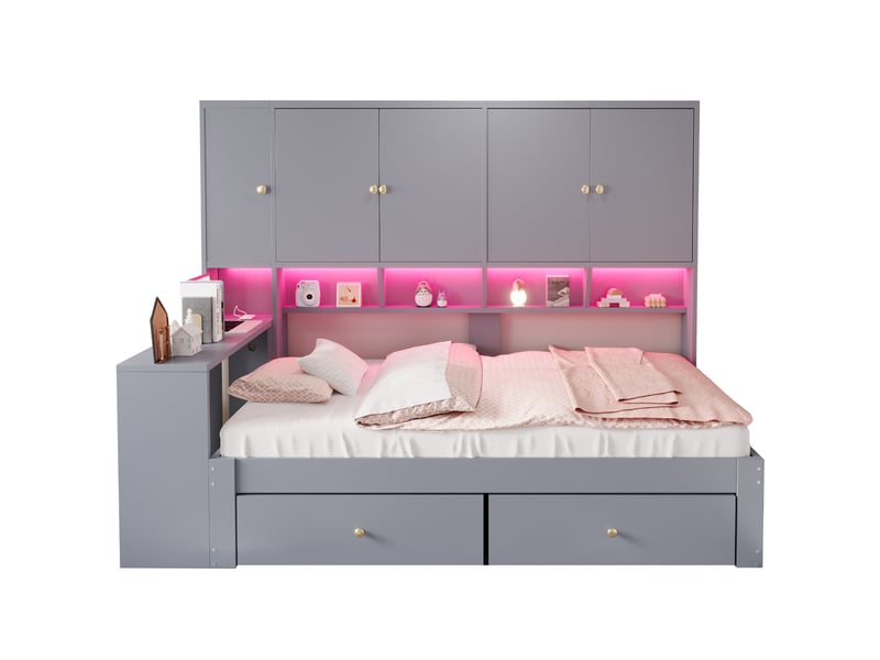  Lit avec rangement 90x200 cm gris avec bureau, rangements, led et prises  - Conforama A