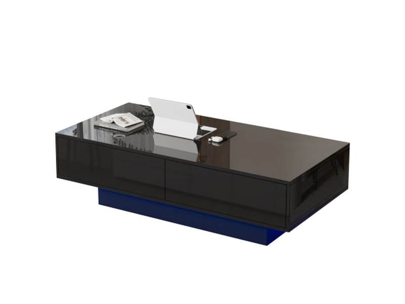  Table basse noire laquée brillante, avec 2 tiroirs, éclairage led et capacité de charge de 30 kg  - Conforama A