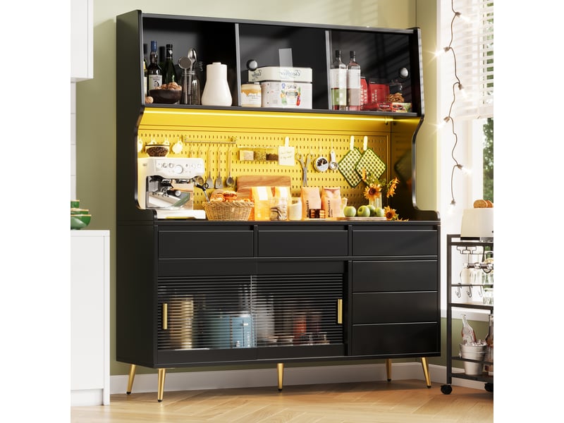  Meuble de cuisine muvano, buffet haut noir avec éclairage led, 145 × 39 × 171 cm  - Conforama D