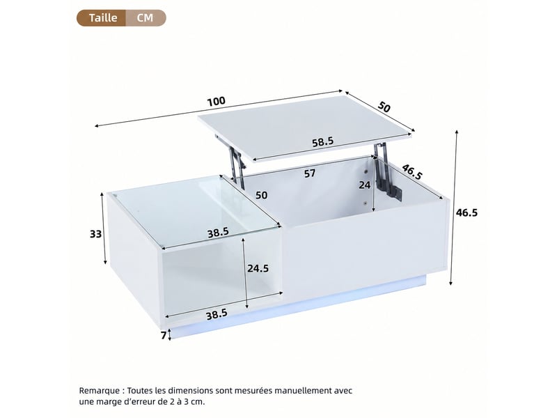  Table basse led blanche avec plateau relevable, rangement caché, 100 x 50 cm, blanc  - Conforama C