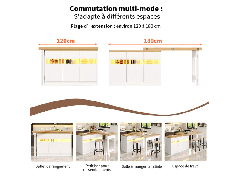  Table de bar extensible 120-180 x 40 x 71.5 cm - éclairage led - rotation 360° - espace de rangement - blanc  - Conforama D