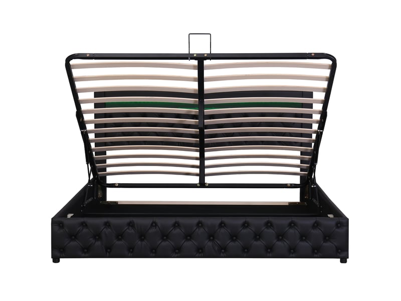  Lit capitonné, mesurant 140 x 190 cm, entièrement fonctionnel avec un sommier à lattes et un espace de rangement, rangement hydraulique, éclairage led, noir, matériau pu.  - Conforama E