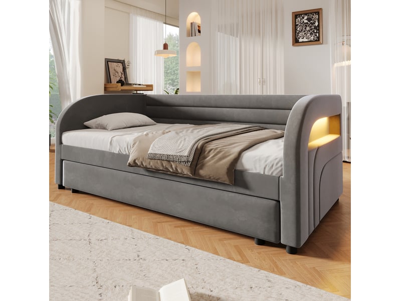  Lit jeune gigogne, 90x200 cm, avec led multicolore, couchage d'appoint, tissue, tissu et flanelle et mdf, coloris gris  - Conforama E