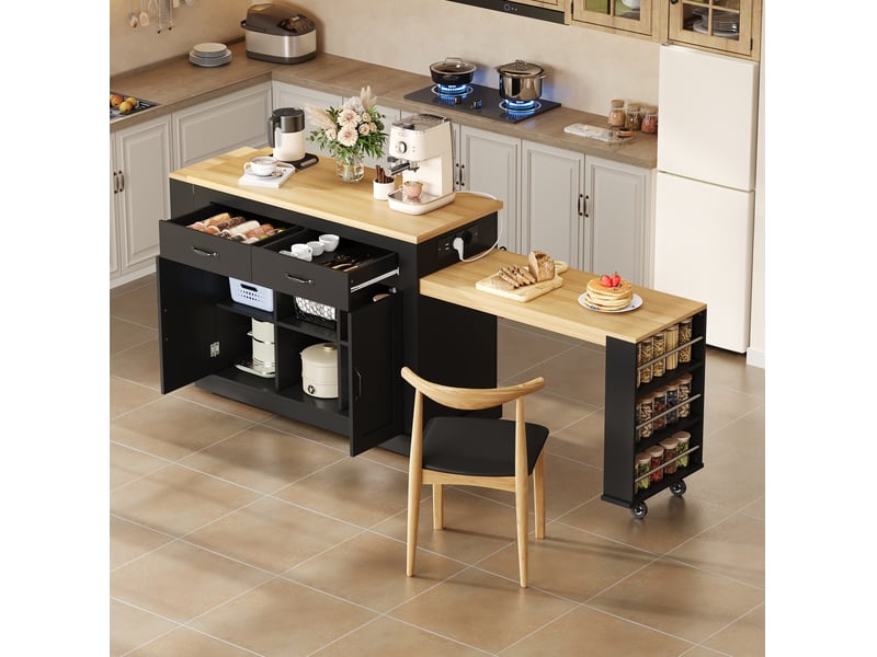 Desserte de cuisine avec 2 rallonges, prises 230 v et rangements réglables, îlot mobile pour cuisine et salle à manger, noir - Conforama C