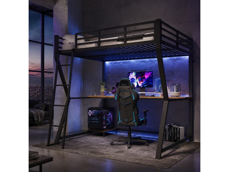  Lit mezzanine 200×140 cm avec bureau, éclairage led, prises et ports usb, sans matelas, en métal noir  - Conforama B