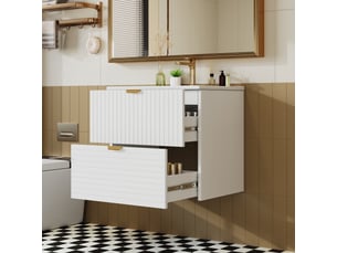 Meuble vasque suspendu 61x46x57 cm, mdf laqué blanc, 2 tiroirs silencieux