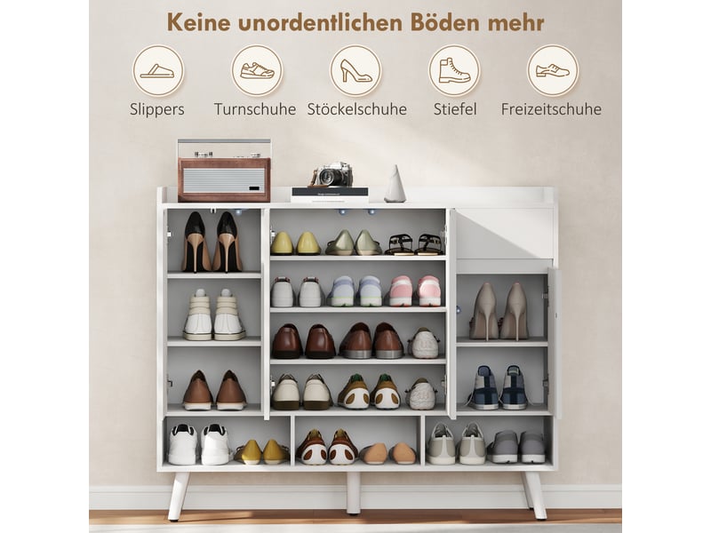  Meuble à chaussures sans poignées, 4 portes, 4 étagères réglables, autoportant avec 5 pieds en bois, bois, blanc  - Conforama E