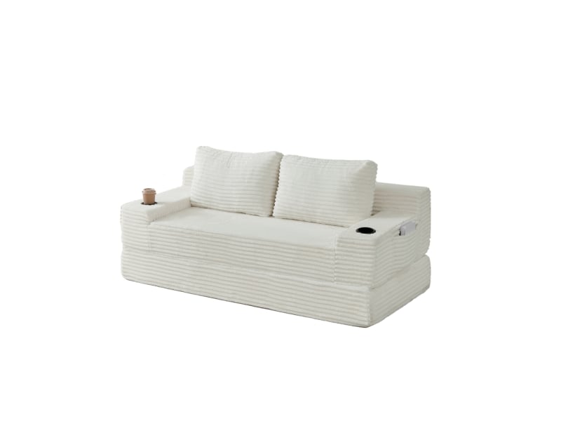 Canapé convertible 2-en-1 180 cm en velours côtelé, 2 places, porte-gobelets, poches latérales, beige, design moderne - Conforama A