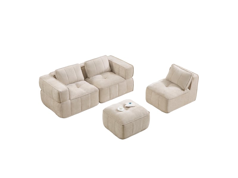  Canapé d'angle modulable compressé 3 places avec pouf, en polyester beige  - Conforama D