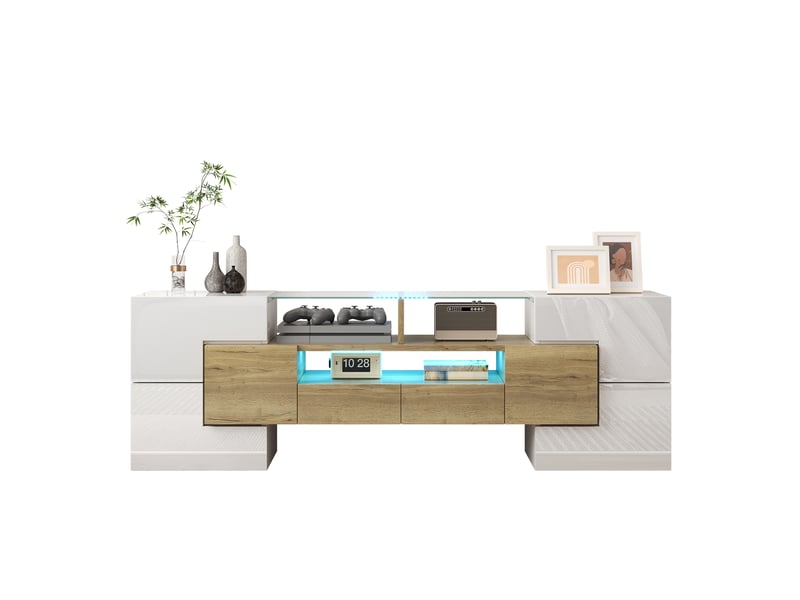  Meuble tv blanc brillant de 145 cm avec éclairage led multicolore  - Conforama A