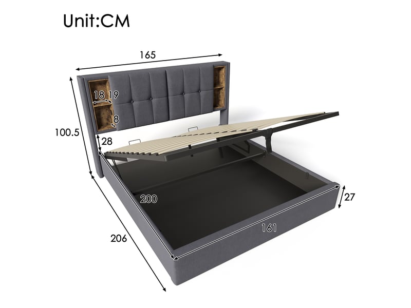 Lit 2 personnes 160x200 cm avec port usb-c, cadre de lit adulte avec tête de lit et matelas, gris, lit double  - Conforama D