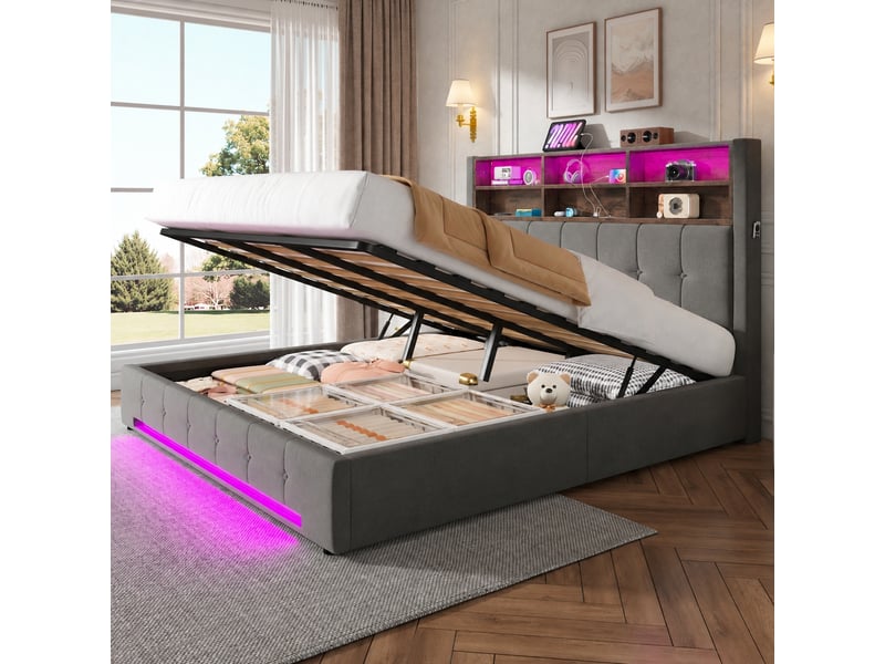 Lit coffre avec mécanisme hydraulique, velours, tête à 6 compartiments, usb-c et led, gris foncé, 180 x 200 cm - Conforama B