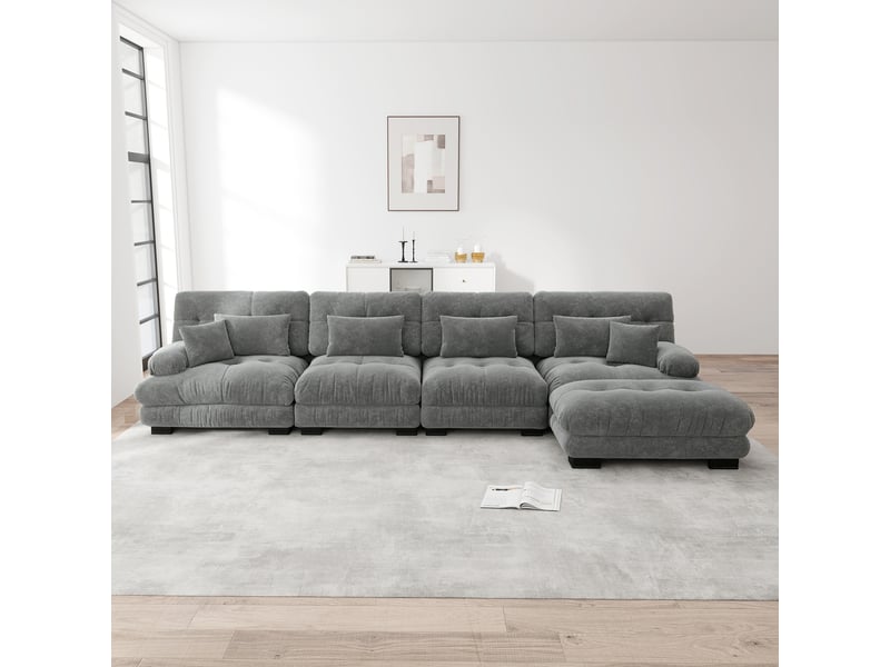  Canapé d'angle modulaire 4 places avec ottoman mobile et assises cloud, pour salon, en chenille gris  - Conforama C