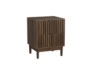 Table de chevet noyer  45 x 39 x 56,5 cm avec 2 tiroirs, design à lattes, mdf et pieds en bois