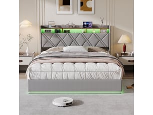 Lit coffre 160 x 200 avec sommier,lit 2 places avec usb et led,lit 160x200 avec tête de lit,lit rembourré double gris