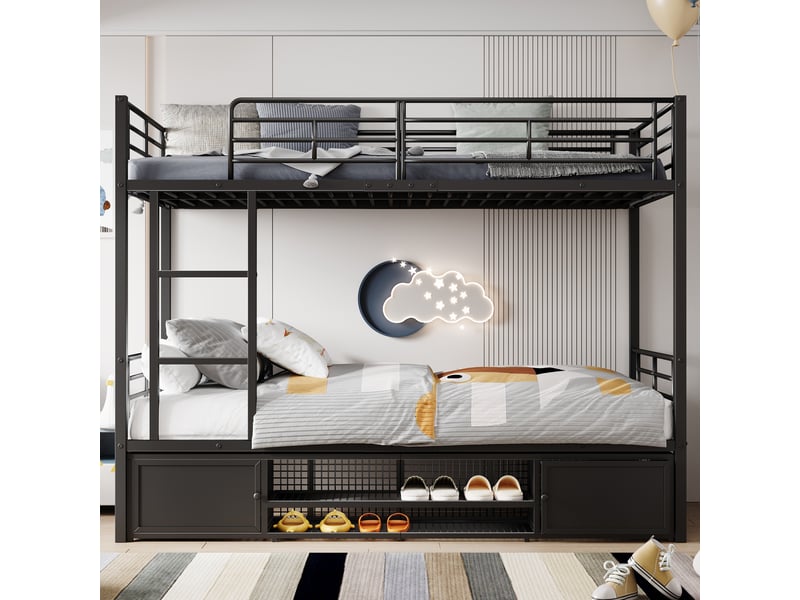 Lit superposé en métal 90x200 cm avec échelle latérale, barrières de sécurité et rangement chaussures, noir chicfurn  - Conforama B