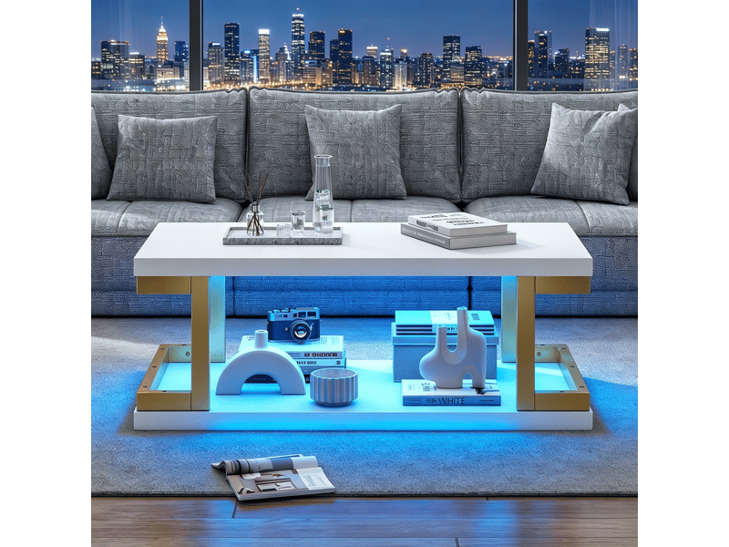 Table basse rectangulaire avec éclairage led, 100x50 cm, 2 niveaux de rangement, mdf et métal, blanc et or - Conforama D