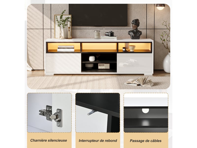 Meuble tv led pour petit salon, meuble tv 150 cm pour téléviseur 65 pouces, blanc brillant et noir avec rangements - Conforama W