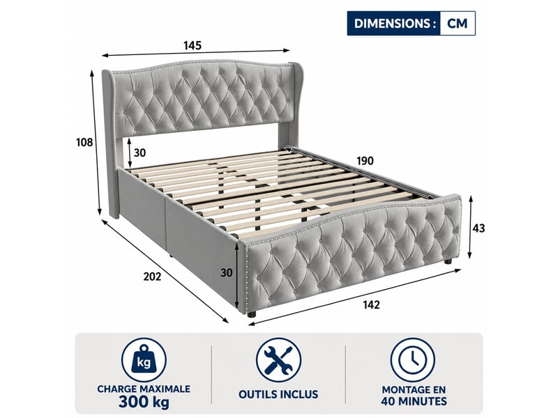  Yyxldynb lit coffre 140x190 cm avec rangememt, lit double rembourré avec sommier à lattes, cadre de lit 2 places avec tête de lit capitonnée, lit adulte, velours gris  - Conforama C
