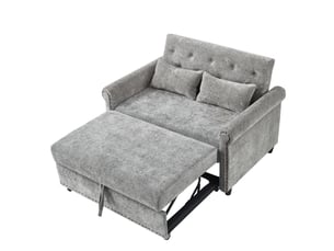 Canapé convertible 3-en-1 2 places 120 x 80 x 82 cm avec dossier 3 positions, lit gigogne et 2 coussins, chenille, mousse et bois, gris