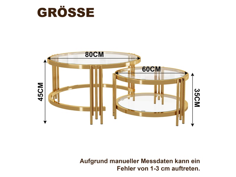  Lot de 2 tables basses gigognes 80×80×45 + 60×60×33,5 cm, plateau de table en verre, cadre en métal - doré + transparent  - Conforama C